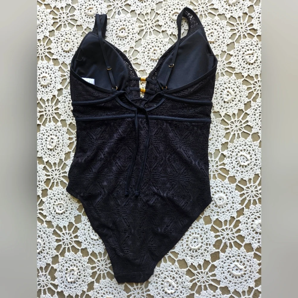 Black Lace With Gold Details One Piece Bathing Swimsuit | Summer
